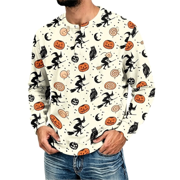 WJOSBXT Halloween Shirts For Men Long Sleeve Crew Neck Shirt Funny 3D Print Holiday Graphic Tees Lightweight Loose Fit Tshirt 2XL