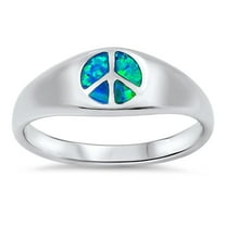 CHOOSE YOUR COLOR Peace Sign Love Ring Blue Simulated Opal .925 Sterling Silver Band CZ Female Size 7