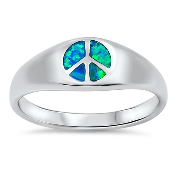 CHOOSE YOUR COLOR Peace Sign Love Ring Blue Simulated Opal .925 Sterling Silver Band CZ Female Size 10