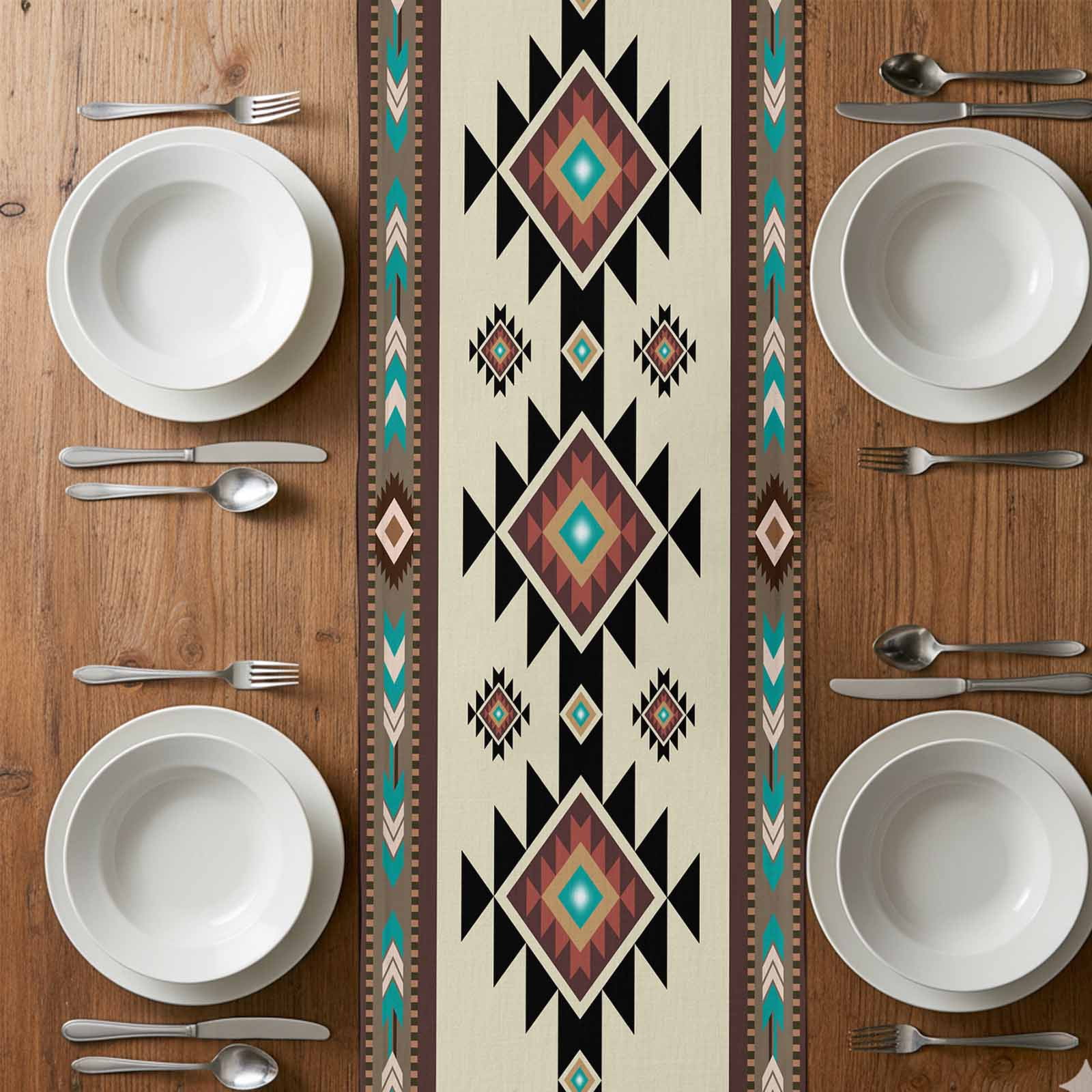 Southwest Geometric Table Runner 108 Inches Long,Brown Mexican Aztec Boho Tribal Cotton Linen Table Runners Dresser Scarves,Decorative Tabletop Scarf Furniture Cover for Home Dinner Party 13"x108"