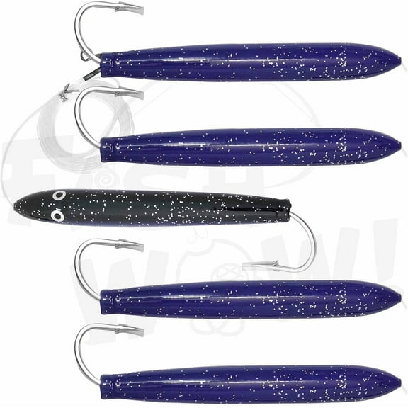 5pcs Fish WOW! 6" Fishing Cedar Plugs Rigged Tuna Mahi Trolling Wood Lure - Black Purple