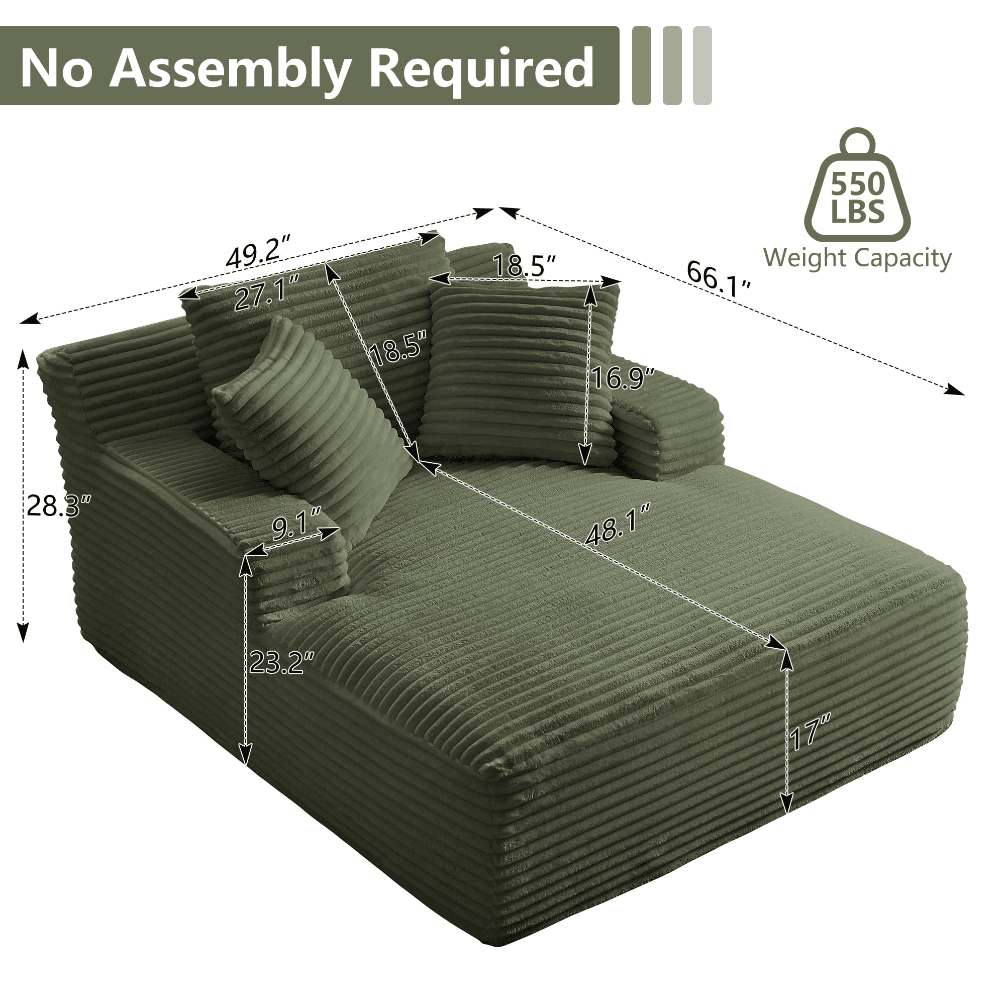 GNIXUU 50" Oversized Chaise Lounge Sofa Chair Indoor, Modern Corduroy Sleeper Sofa Cloud Couch with 3 Soft Pillows, Comfy Single Seat Floor Sofa for Living Room, Apartment, Office (Green)