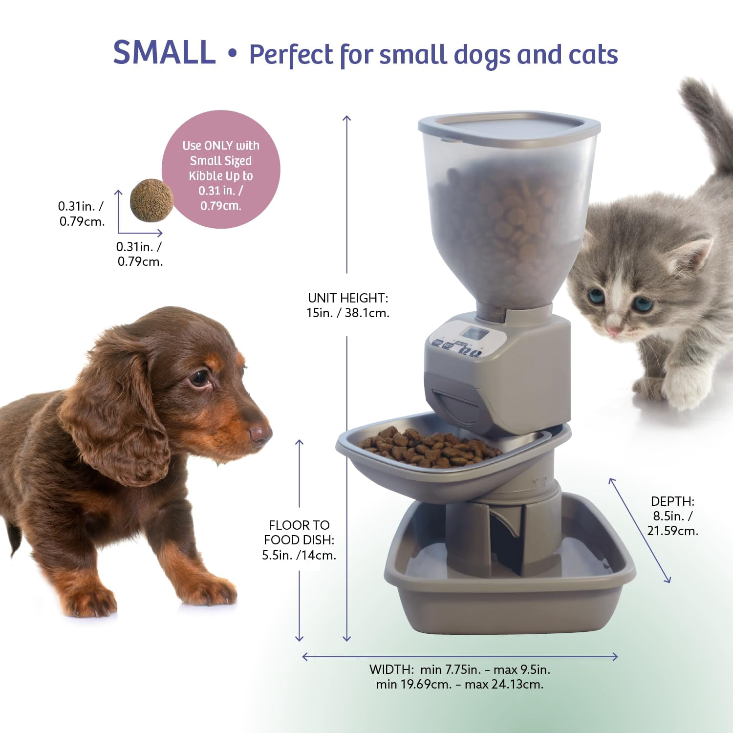 Feeding Friend® Automatic Dog & Cat Food Feeder with Water Dispenser –Smart Pet Feeder with Portion Control,OLED Display, Anti Jam Design, Battery Operated Dispenser for Small - (XS)  Pets 4-15 Taupe
