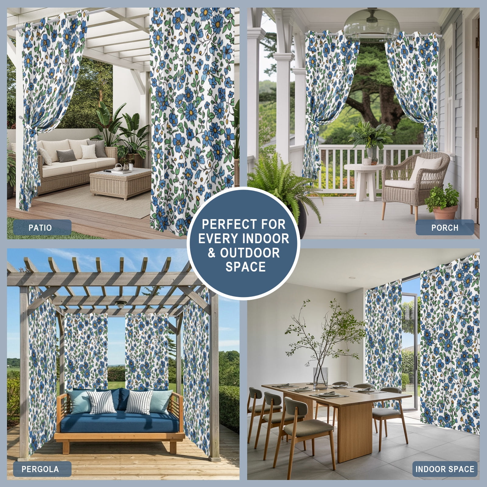 Blue Floral Outdoor Curtains for Patio, Botanical Farmhouse Nature Sunshade Privacy Drapes Grommet Waterproof Outside Curtains for Porch/Cabana/Balcony 54"x 108", 1 Panel