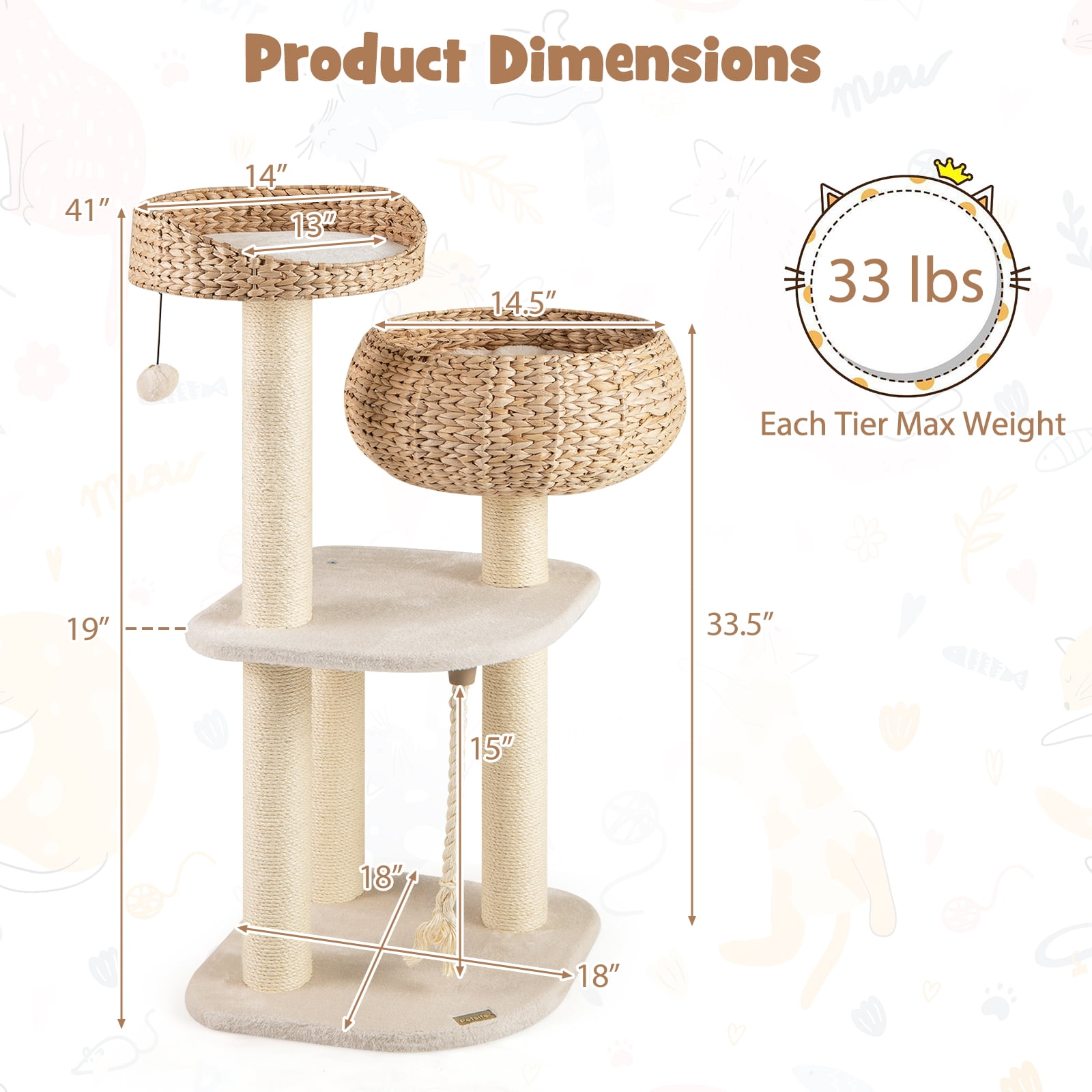 Gymax 41'' Hand-Made Cat Tree Tower Natural Bowl Shaped w/ 2 Perch