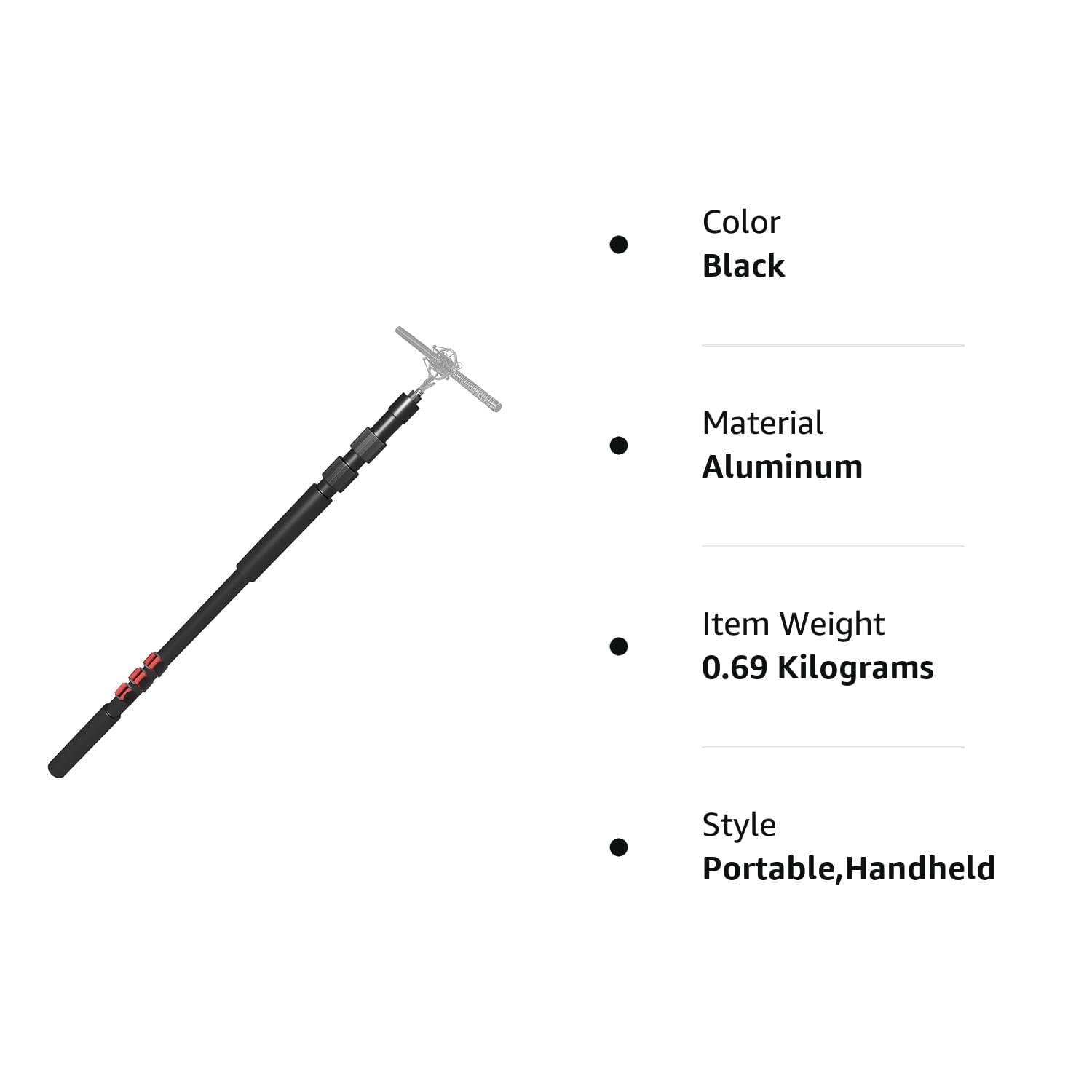 Portable Handheld Boom Pole for Shotgun Mic, 3-Section Extendable Microphone Arm for Filming with 3/8" and 5/8" Threads
