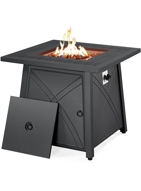 Topeakmart 28'' Square Propane Fire Pit Table 50,000 BTU with Lid & Iron Tabletop, Black