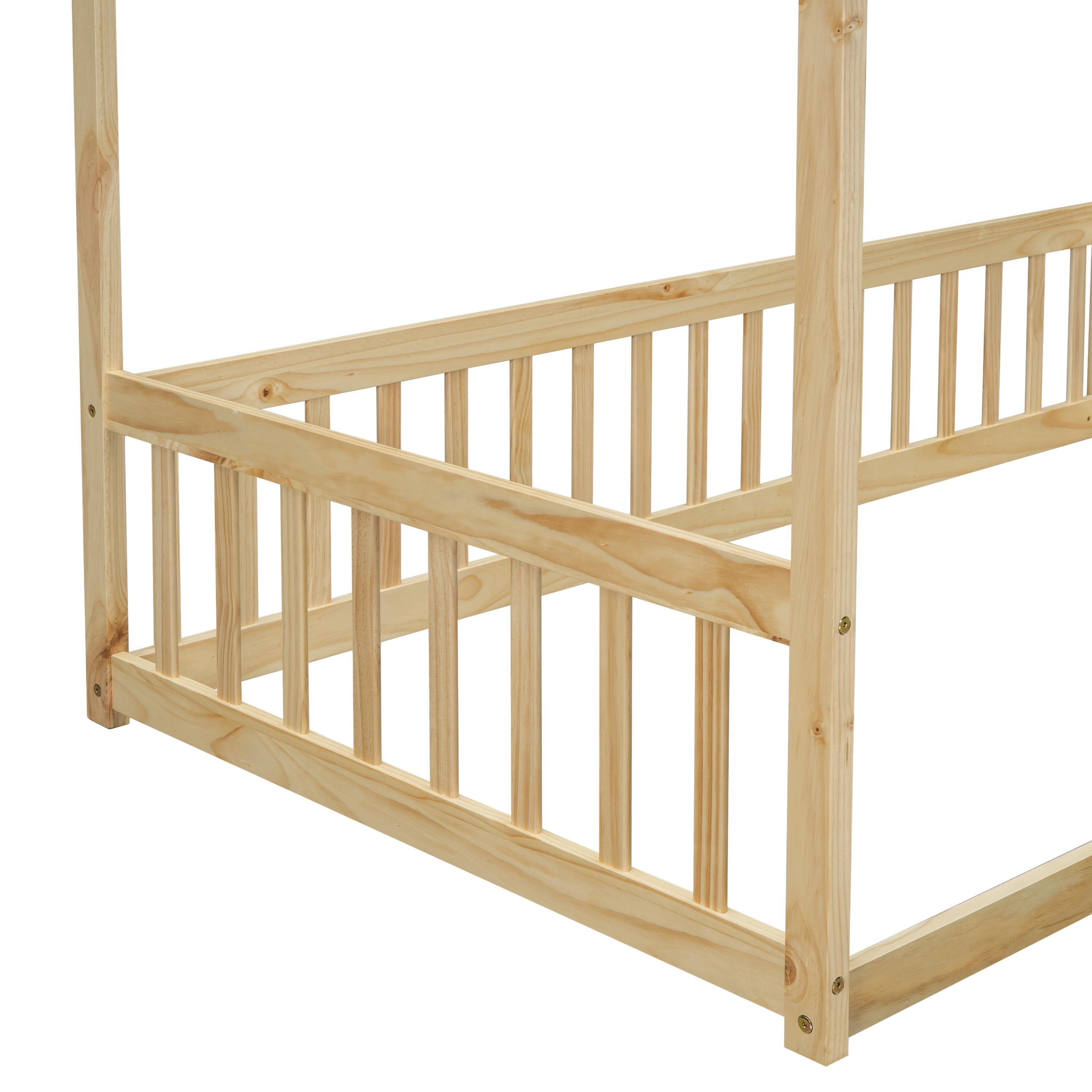 PORKISS Kids Montessori Floor Bed, Twin Size Floor Bed with Fence and Canopy for Girls Boys, Natural