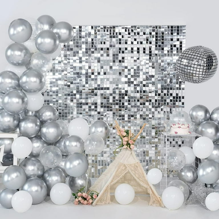 4D Disco Foil Balloon Metallic Tinsel Silver Fringe Backdrop Blow