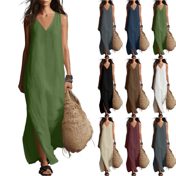 Dresses for Women V‑Neck Sleeveless Solid Color Cotton‑Linen Split Hem Long Dress for Daily Vacation Beach Parties& Summer Outings