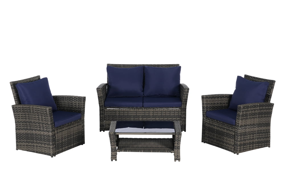 4 Pieces Patio Conversation Set, Outdoor Furniture Set with Cushion, Outside Sectional Rattan Wicker Sofa for Garden, Porch, Backyard, Blue