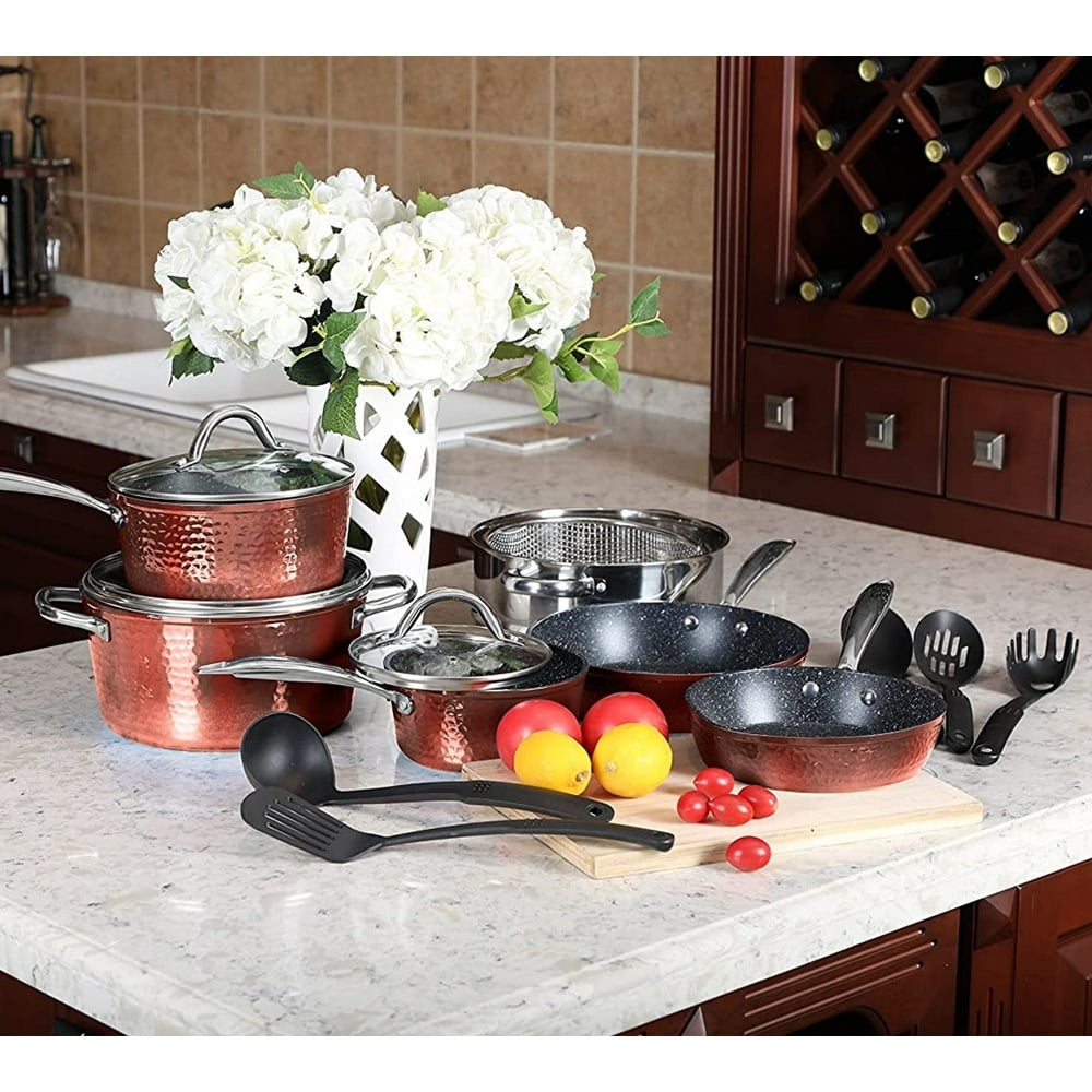 MF Studio 15 Piece Nonstick Kitchen Cookware Sets - Granite Hammered