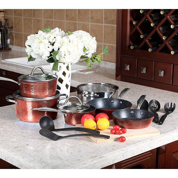 MF Studio 15 Piece Nonstick Kitchen Cookware Sets Granite Hammered