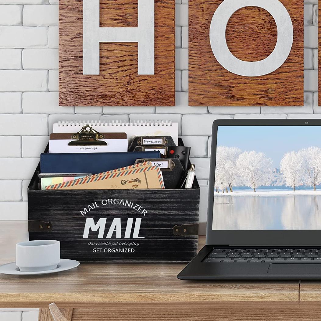 Mail Organizer with 4 Compartments, Wood Desktop Mail Holder Letter for