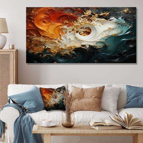 Designart "Emerald Lava Orange and Emerald Delight VI" Oversized Abstract Wall Art - Modern Orange Abstract Painting Living Room Canvas Art