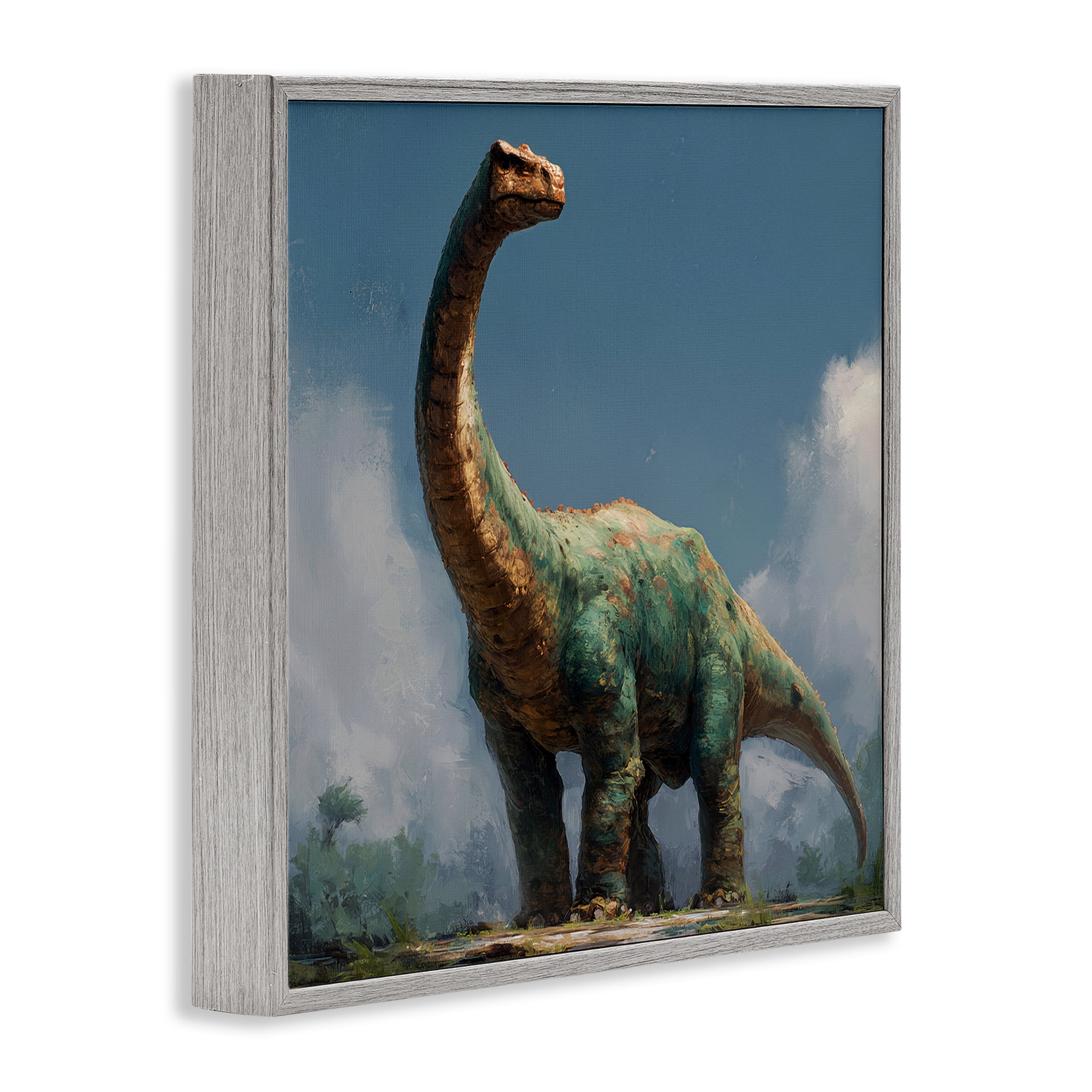 Stupell Industries Colossal Brontosaurus in Meadow Gray Framed Giclee Art, design by Wumples