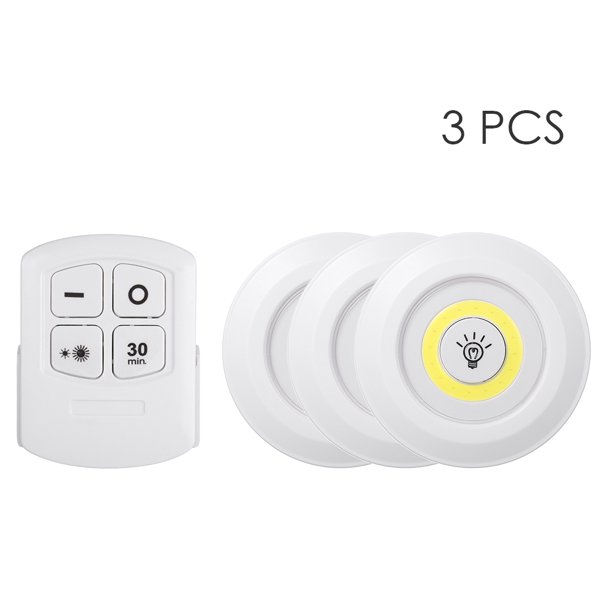 Lámpara LED COB redonda de 4.5V y 1W, control remoto incluido, luz blanca suave, ideal para dormitorios, escaleras y entradas. Funciona con 3 pilas AAA (no incluidas). Pack de 3 unidades.