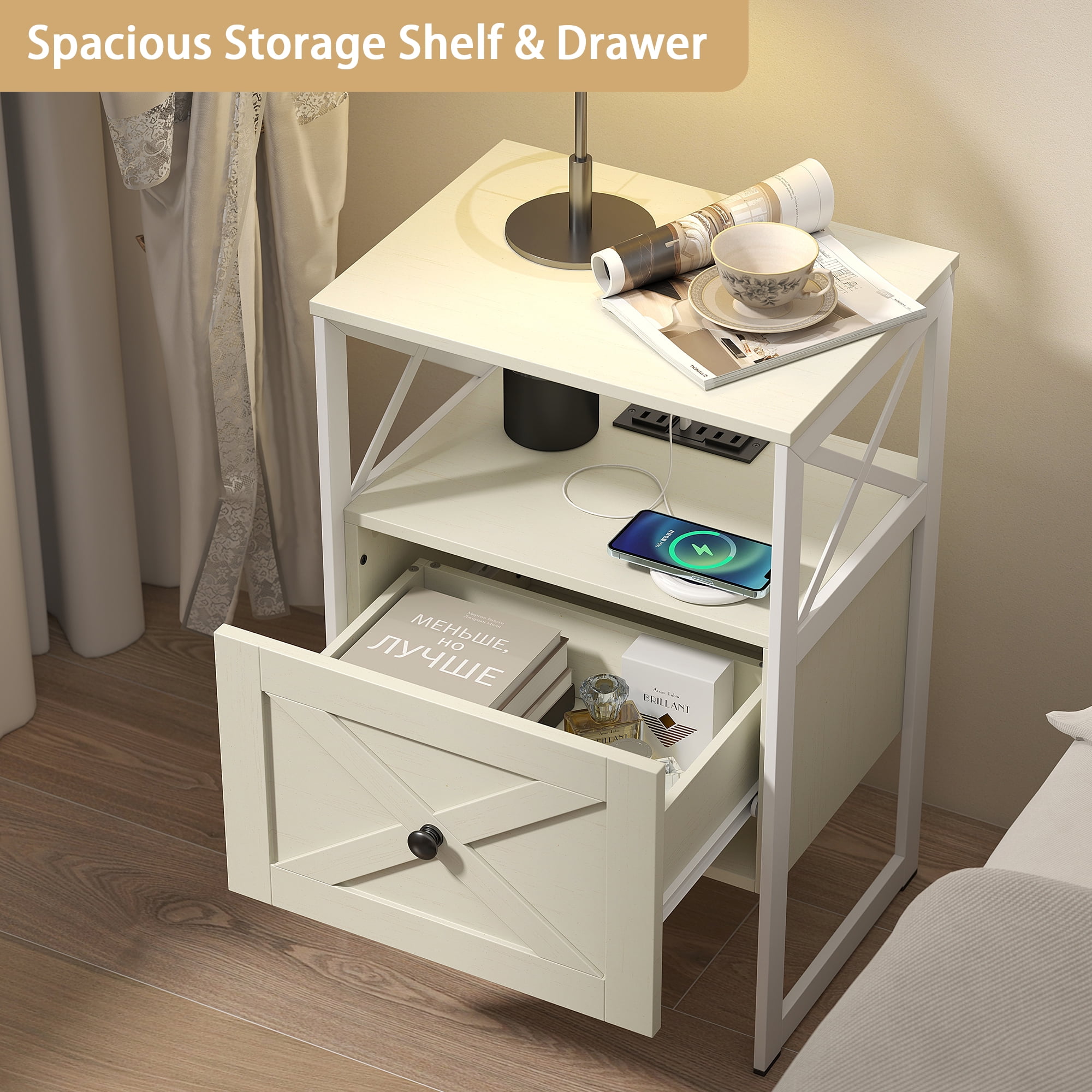 Manxile Nightstand with Drawers & Shelf Bedside End Table for Bedroom,White