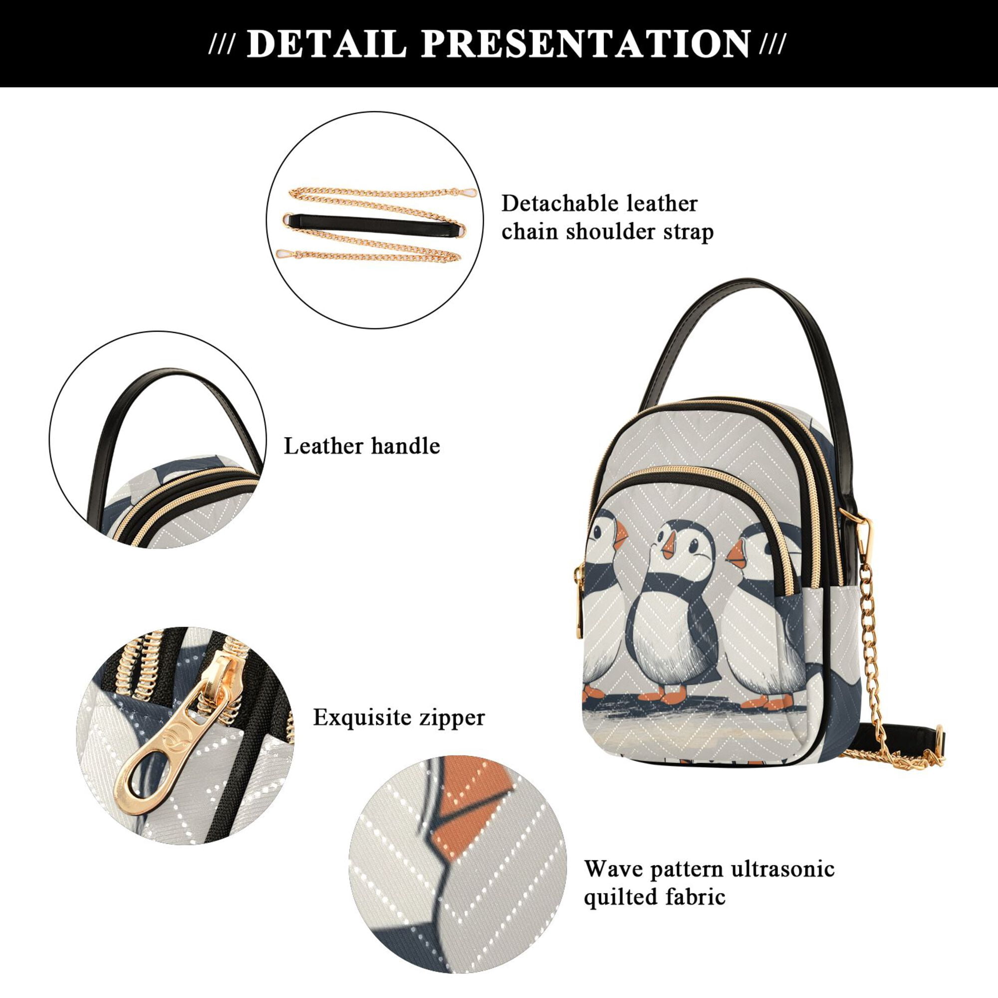 FORMRS Crossbody Bag for Women Quilted Travel Shoulder Cell Phone Purse with Chain Strap Handbag, Cute Puffin