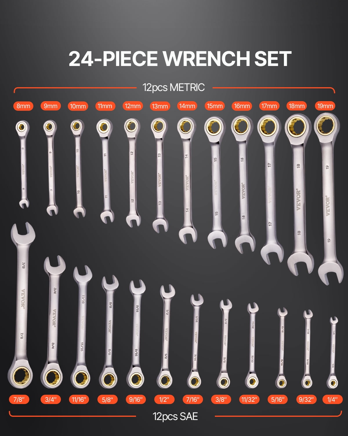 VEVOR Combination Wrench Set, 24-Piece Ratcheting Wrench Set with Organizer Rack, Cr-V Steel Wrench Set SAE 1/4" to 7/8", Metric 8 mm to 19 mm, Ideal for General Household, Auto Repairs, Emergency