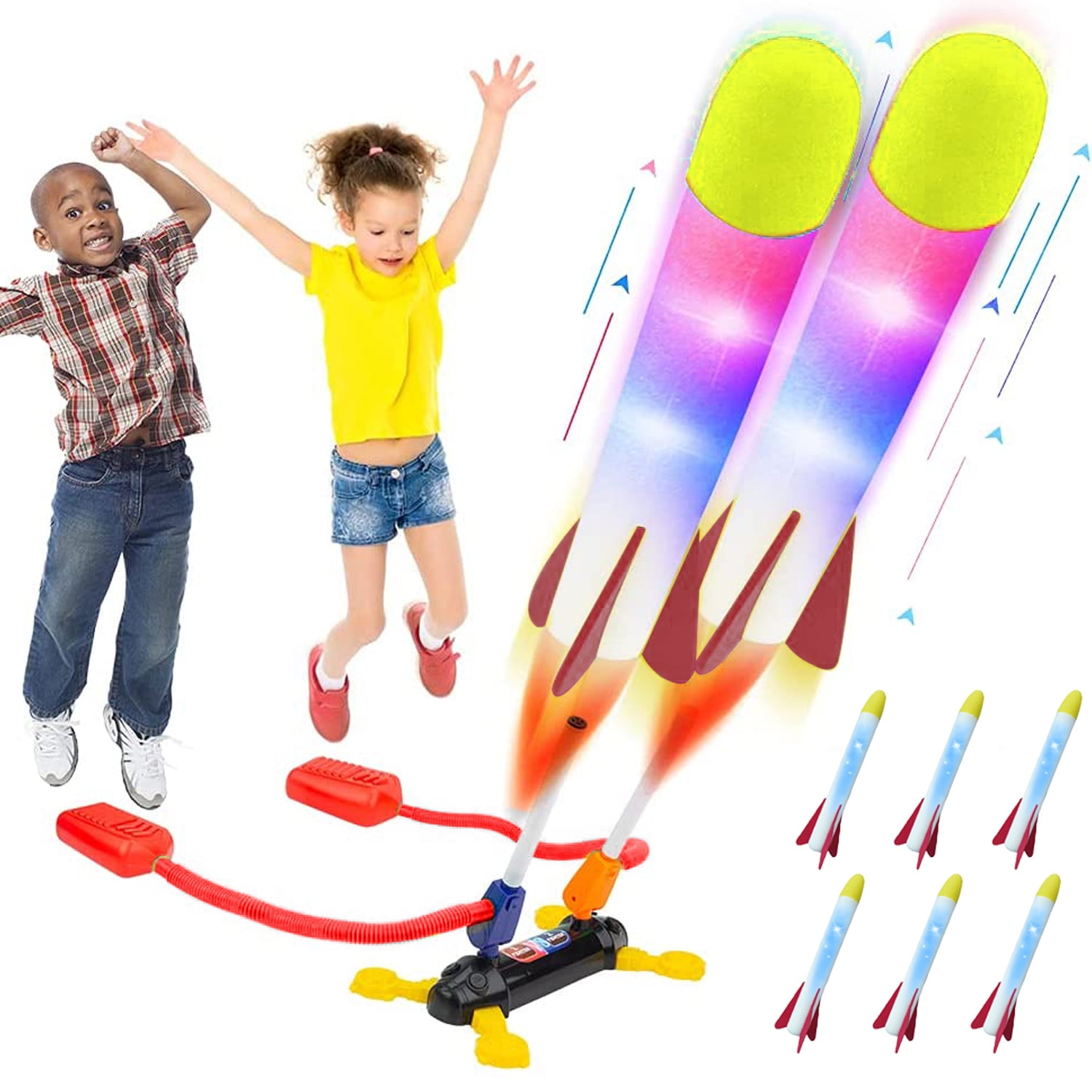 Dual Shoot Stomp Rocket Toys for Boys Girls 3-6 Years Rocket Launcher with 6 Flashing Foam Tipped Rockets Outdoor Toys for Kids Birthday Christmas Gifts