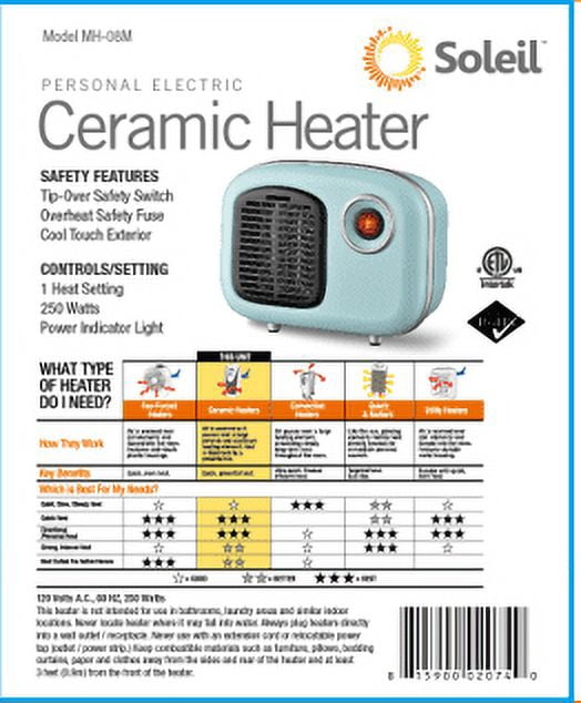 Soleil Electric Personal Ceramic Mini Heater 250W Indoor Mint MH-08M -  Walmart.com