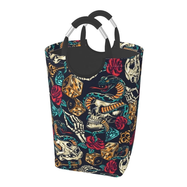 DouZhe 50L Rectangular Laundry Basket, Vintage Skull Snake Flower Prints Waterproof Foldable Laundry Hamper with Aluminum Handles