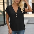 thumbnail image 4 of Craaazy Women's Relaxed Fit V Neck Blouse, Solid Color Short Sleeve Button Accent Tops, Comfy Casual Tee for Summer Gifts, 4 of 5