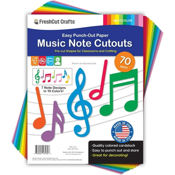 70pcs Colorful Music Notes Cutouts Musical Party Decorations in 7 Designs, US Made Card Stock Easy Punch Out, Concert, 50s Rock & Roll Party, Musical Play, Bulletin Board, Music Themed Crafts