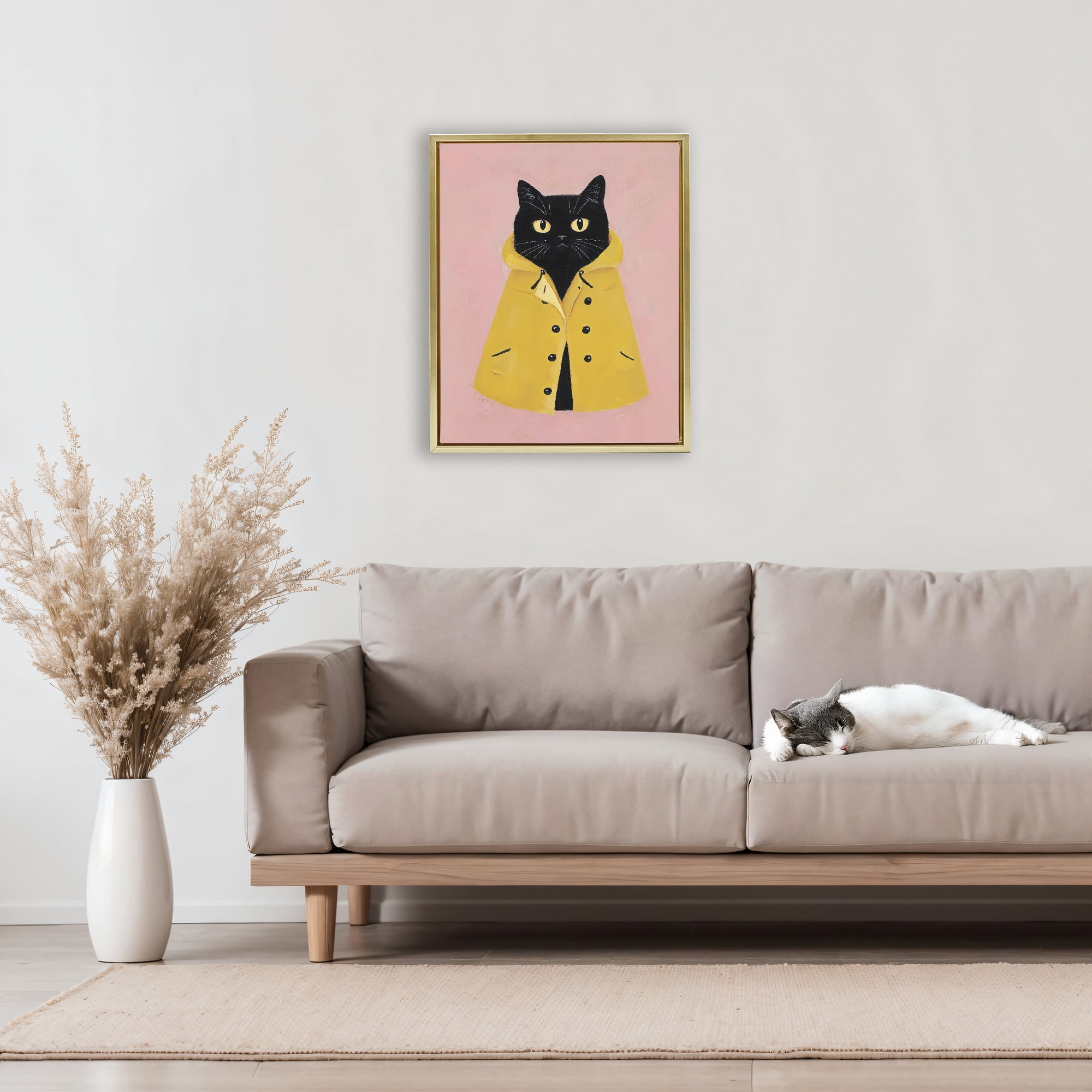 Stupell Industries Black Cat in Yellow Raincoat Gold Framed Floater Canvas Wall Art, design by The Prints Vibe