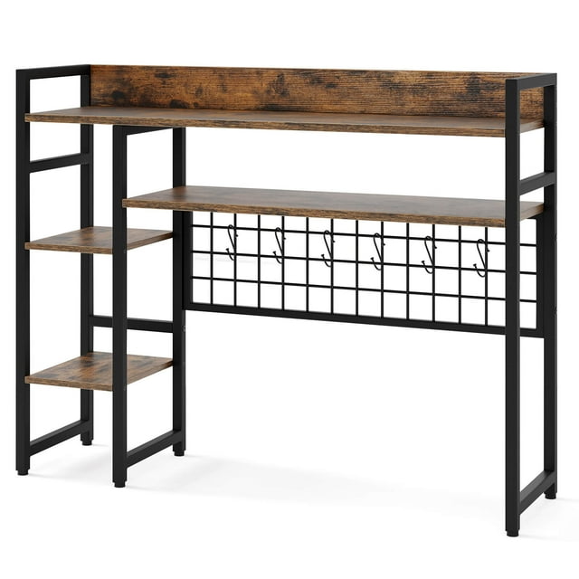 Costway Desk Shelf 4-Tier Desktop Display Rack with Metal Grid Panel & 6 Hooks Brown