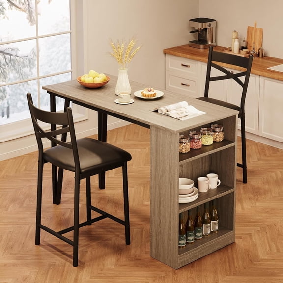 Bar Table Set of 2 with 3 Storage Shelves, Extendable Dining Table with 2 Cushioned Chairs, Small 3Pcs Counter Height Table Set for Kitchen, Coffee Shop, Grey