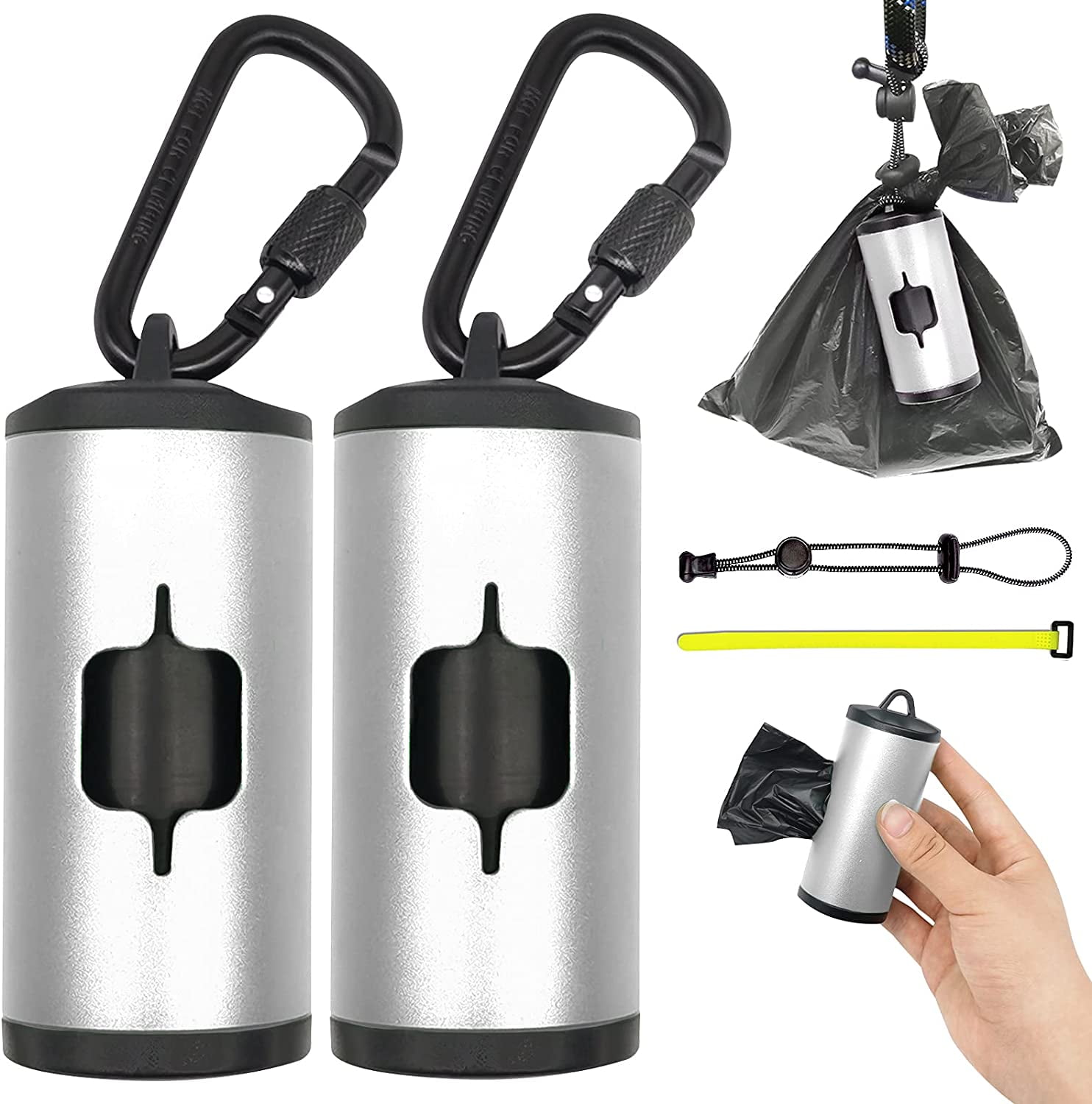 Metal Dog Poop Bags Holder Aluminum Poo Bags Dispenser with 15 Black Unscented Pet Waste Bags