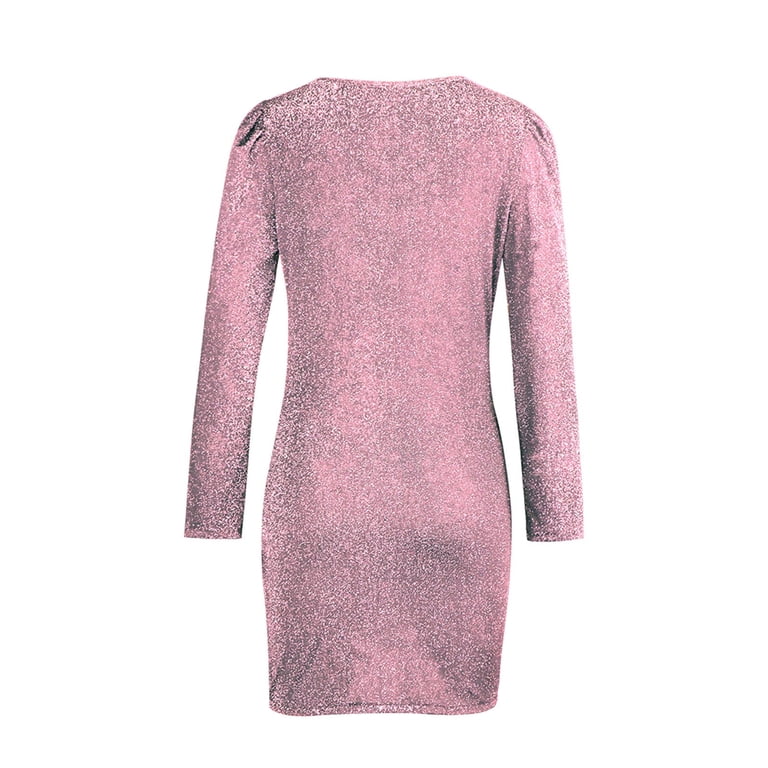 KaLI_store Formal Dress Women's Dress Deep V-Neck Long Sleeve Waist Tie  Ruffle Mini Swing Skater Dresses Pink,S - Walmart.com