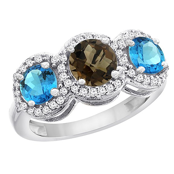 14K White Gold Natural Smoky Topaz & Swiss Blue Topaz Sides Round 3-stone Ring Diamond Accents, size 5.5