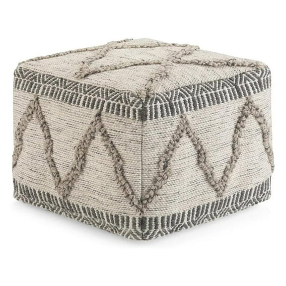 Square Pouf, Footstool, Upholstered in Grey, Natural Handloom Woven Wool and Cotton Pattern, for the Living Room, Bedroom and , Boho
