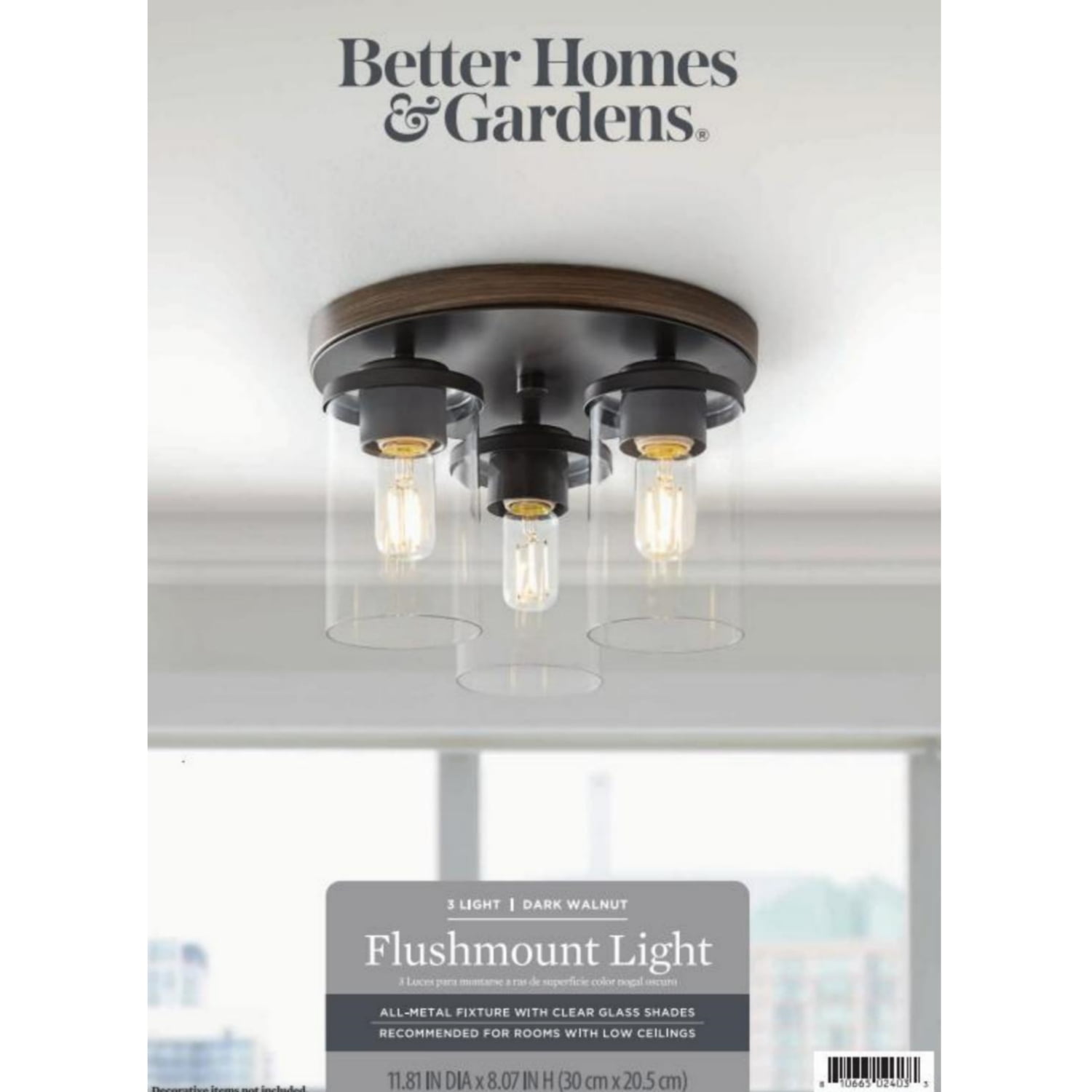 Better Homes & Gardens 12" Farmhouse 3-Light Walnut Flush Mount Ceiling Light, Clear Glass Shades