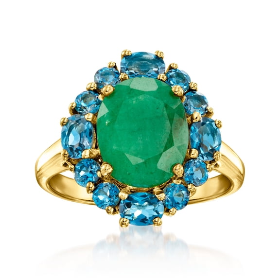 Ross-Simons 2.80 Carat Emerald and 1.40 ct. t.w. London Blue Topaz Ring in 18kt Gold Over Sterling, Women's, Adult