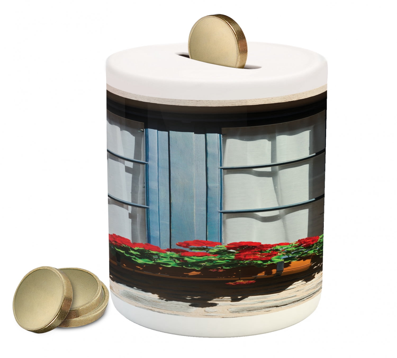 Country Piggy Bank, Mediterranean Style Window Open Shutters Image ...