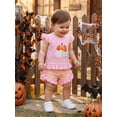 thumbnail image 6 of RUINIXCW Toddler Baby Girl Halloween Outfit Little Baby Girls Summer Fall Clothes Ghost Pumpkin Embroidered Flying Sleeve Ruffled Hem Shirt Tops and Plaid Shorts 2 Piece Set, 6 of 9