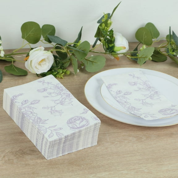 Balsa Circle 50 White with Lavender Paper Dinner Napkins French Toile Floral Pattern Disposable Wedding Event Catering Tableware Supplies
