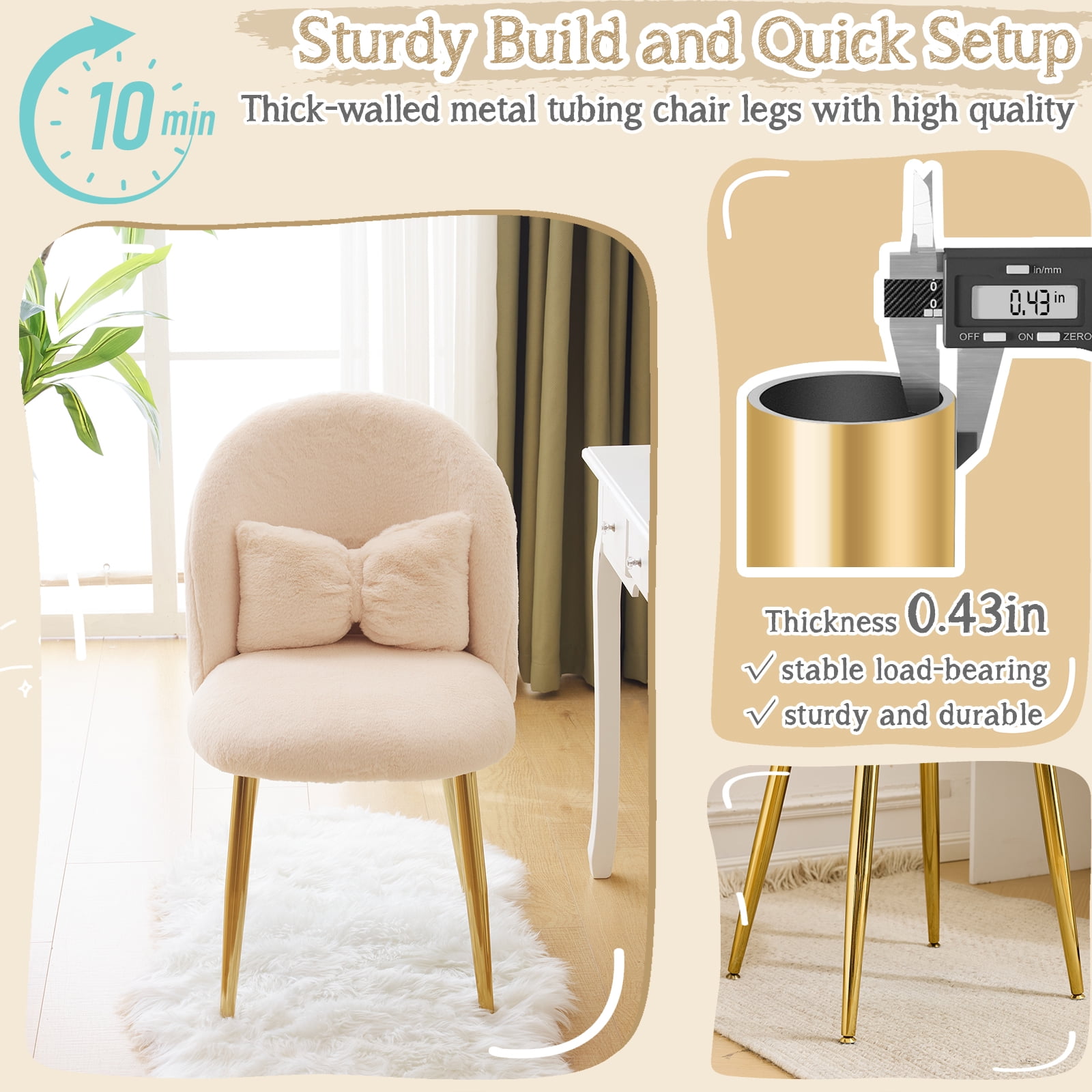 Ktaxon Vanity Makeup Chair Comfy Accent Chair Small Office Chair for Living Dining Room Bedroom Home Office Faux Rabbit Hair Light Khaki
