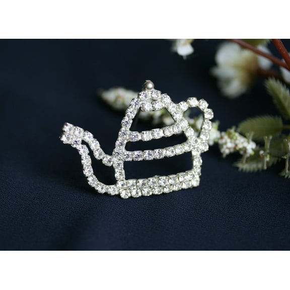 Crystal Outline Teapot Brooch Silver Tone and Clear Teapot Lapel Pin Whimsical Tea Party Bling