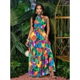thumbnail image 3 of Womens Multicolor Allover Tropical Leaf Print Halter Neck Maxi Dress With Self-Tie Belt, Flowing Vacation Style, 3 of 8