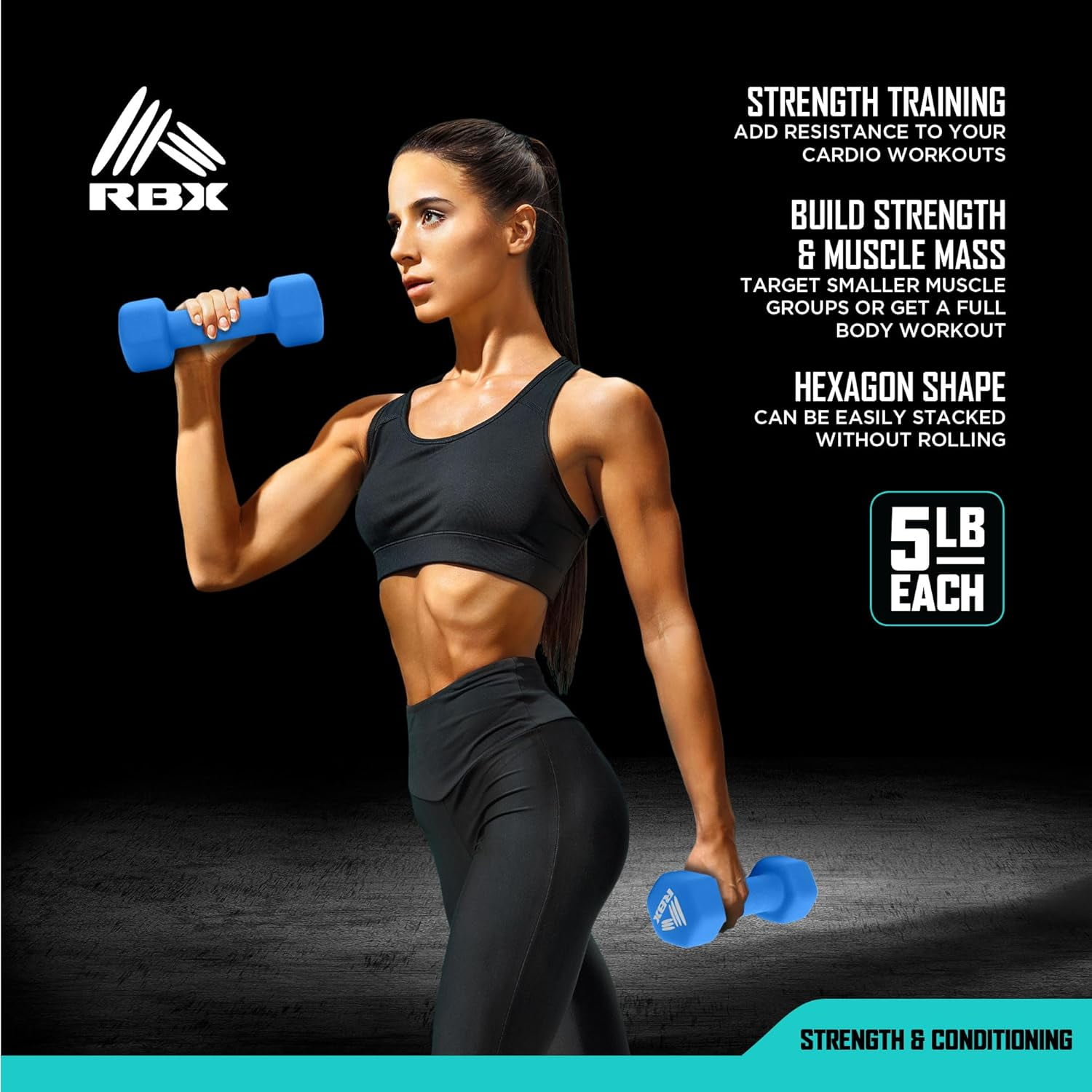 RBX Weights Dumbbells Set - Neoprene Arm Weights with Non-Slip Grip, Training, Workout, Fitness, 5lb