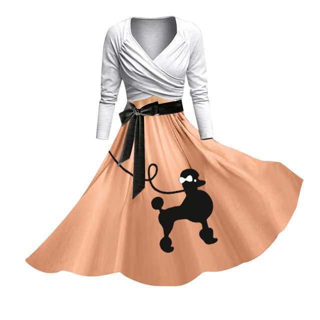 Robes Grande Taille Femme 1950 Caniche Manches Courtes Col en V Mode Longues Longueurs Robe de Printemps Orange TG