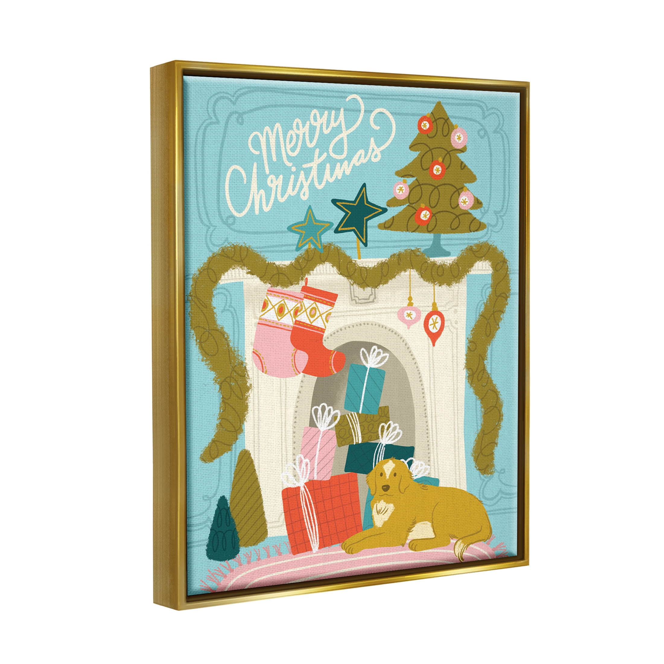 Stupell Industries Whimsical Fireplace Merry Christmas Graphic Art Metallic Gold Floating Framed Canvas Print Wall Art, Design by Kristina Hultkrantz
