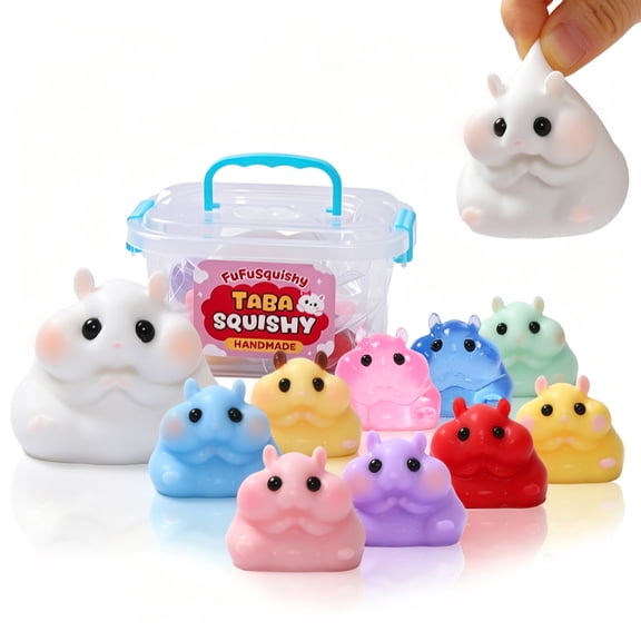 FUFU Squishy 10 Pack Handmade Hamster Taba Squishy Toys Set with Storage Box, 1 Large & 9 Mini Soft Silicone Squishies, Kawaii Fidget Toys, Party Favors & Birthday Gifts