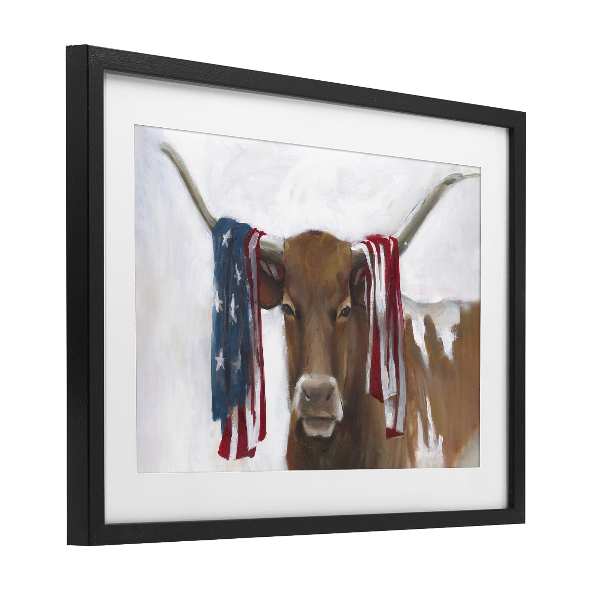 Stupell Industries Patriotic Longhorn with Flag Black Framed Print Under Glass, design by White Ladder