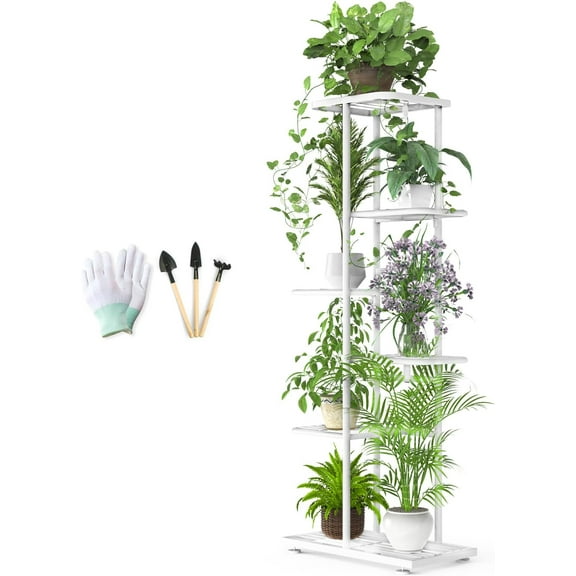 BueDeHai White Plant Stand Indoor Outdoor with Gardening Tools and Gloves, 6 Tier 7 Potted Metal Tall Flower Pot Holder Display for Patio, Balcony, Living Room